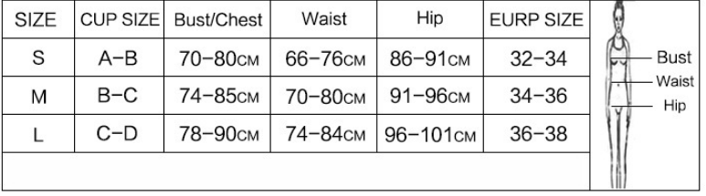 Size chart for women's clothing with measurements in centimeters and European size equivalents.