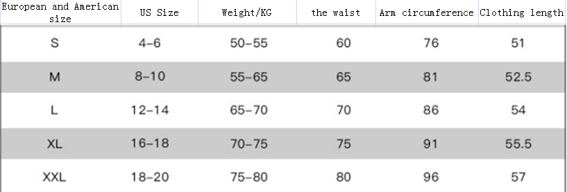 Size chart for European and American clothing sizes with corresponding weight, waist, arm circumference, and clothing length.