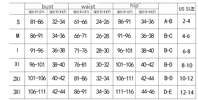 Size chart for clothing with bust, waist, and hip measurements in centimeters and inches.