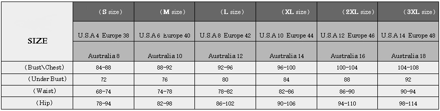 Size chart for clothing measurements in various sizes