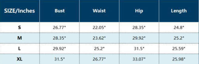 Size chart with measurements in inches for bust, waist, hip, and length.