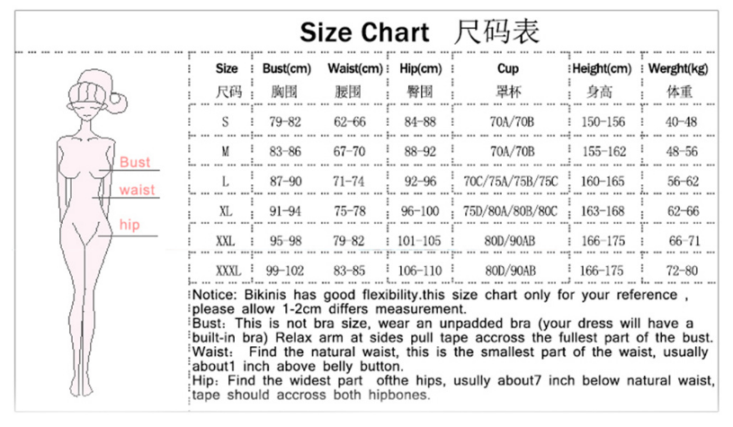 Size chart for clothing with a figure illustration and measurement details.