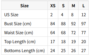 Size chart for clothing with US and cm measurements