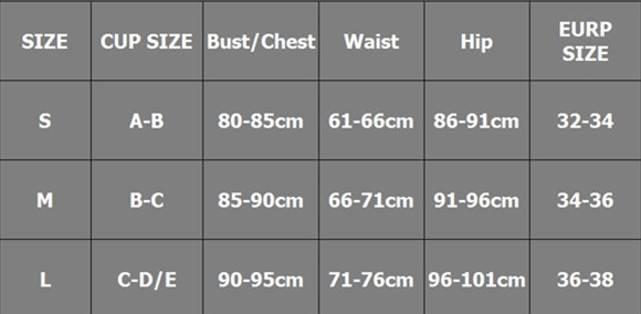 Size chart for women's clothing with measurements in centimeters and European sizes.