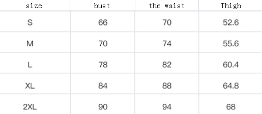 Table showing measurements for different sizes of clothing in terms of bust, waist, and thigh dimensions.