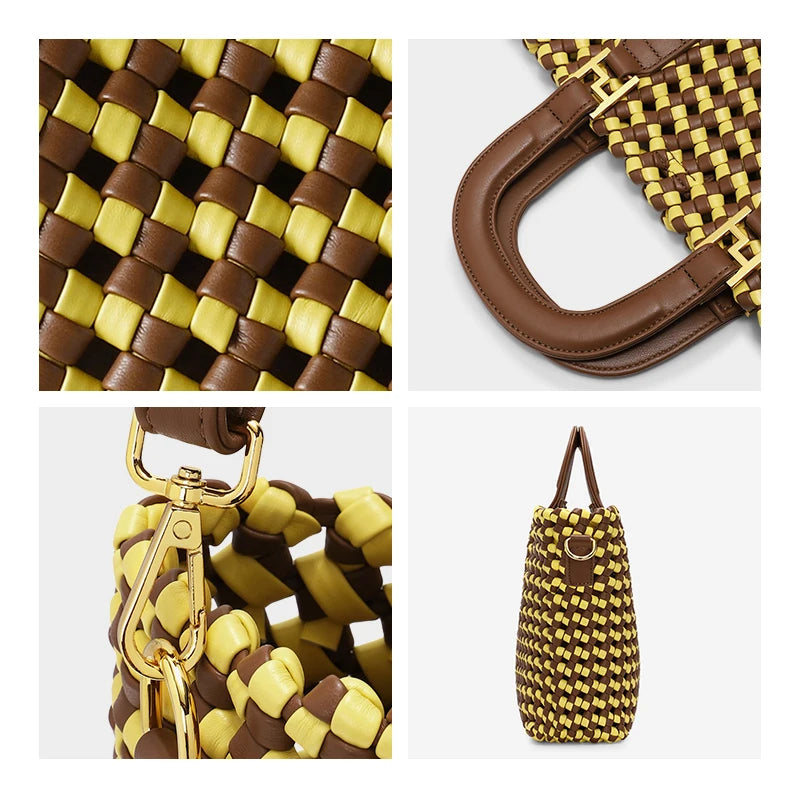 Woven handbag with brown and yellow pattern on a white background