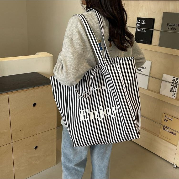 Women's Colorful Red Stripe Canvas Tote Bag Large Capacity Shoulder Tote Handbag