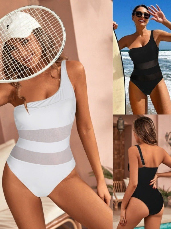 A women’s one‑piece swimsuit with a slimming mesh midsection panel, shown in a solid color with a sleek, body‑hugging silhouette. Features sleeveless design, built‑in breast pads, and a flattering, breathable fabric.
