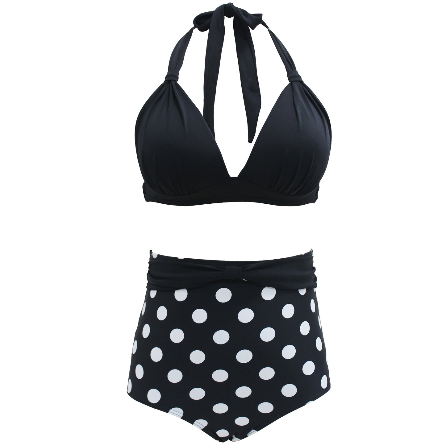 Woman wearing a black halter bikini top and high‑waisted matching polka-dot bottoms.