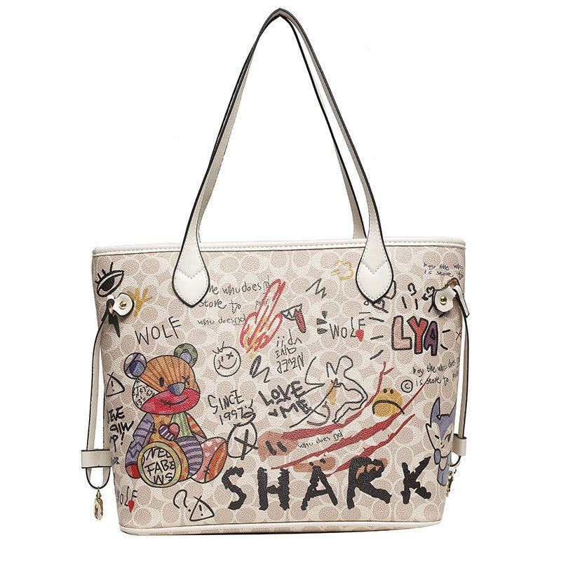 Women's Cartoon Bear Soft Leather Graffiti Tote Bag Large Shoulder Handbag