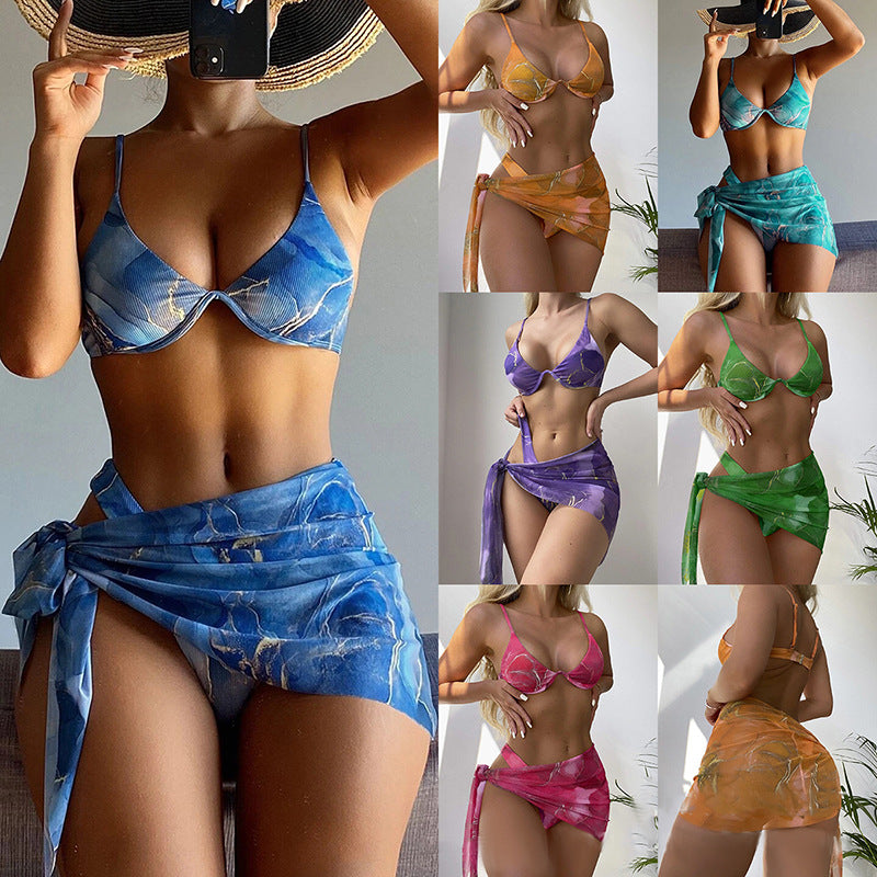 Marble patterned three‑piece bikini set