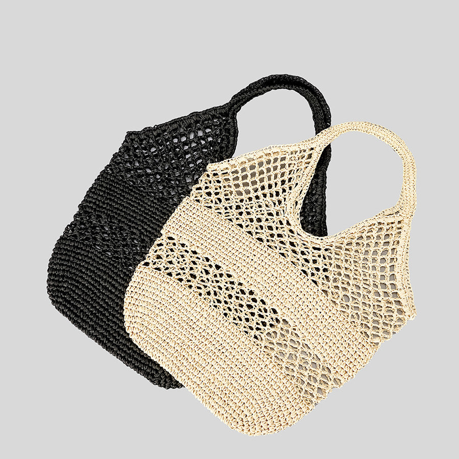 Woven tote bags on a light gray background