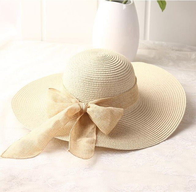Women's Ribbon Bow-knot Wide Brim Beach Hat
