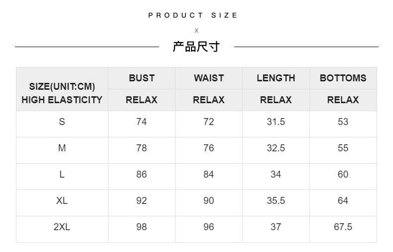Product size chart for clothing with bust, waist, length, and bottom measurements.