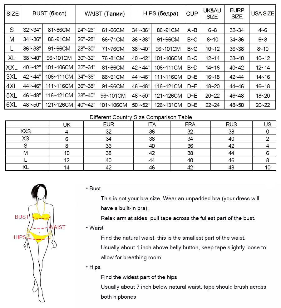 Size chart for bust, waist, and hips with measurements and a diagram of a woman wearing a yellow bikini.