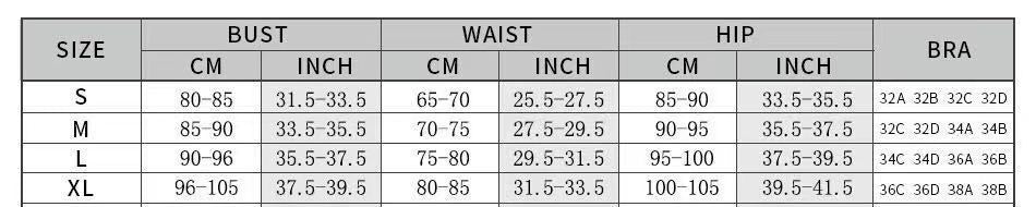 Size chart for bust, waist, and hip measurements with corresponding bra sizes.