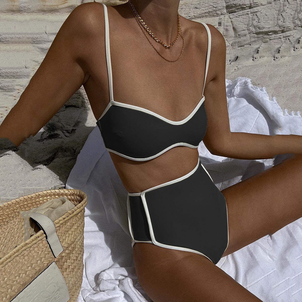 Black and white bikini with tube top and matching bottom 