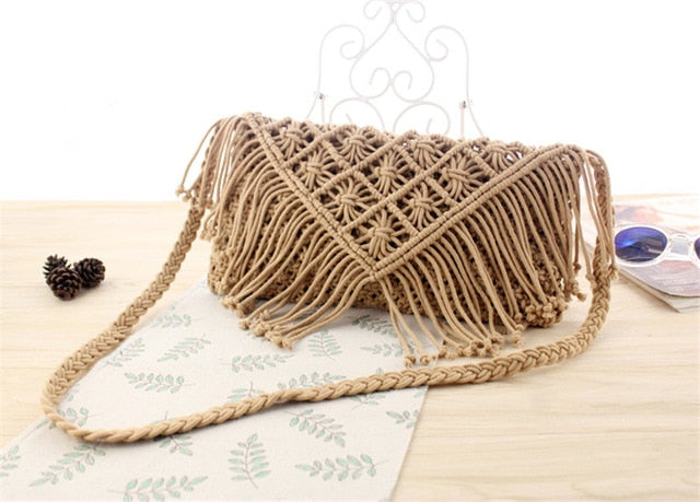 Woven handbag against a white background