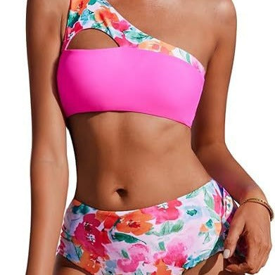 Two-piece high-waisted bikini with single-shoulder top in fragmented floral print.