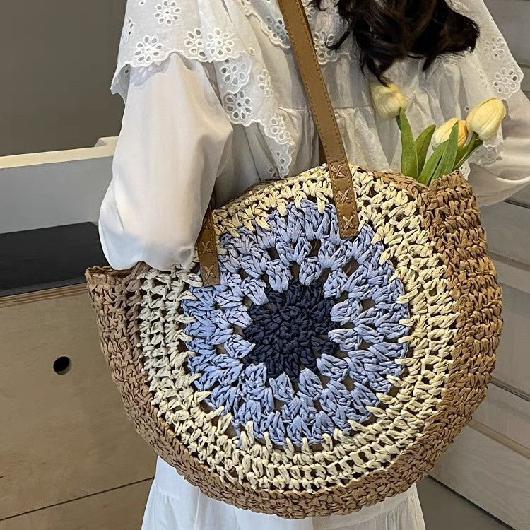 Women's Round Rope Hollow Beige Woven Casual Beach Shoulder Fashionable Bag