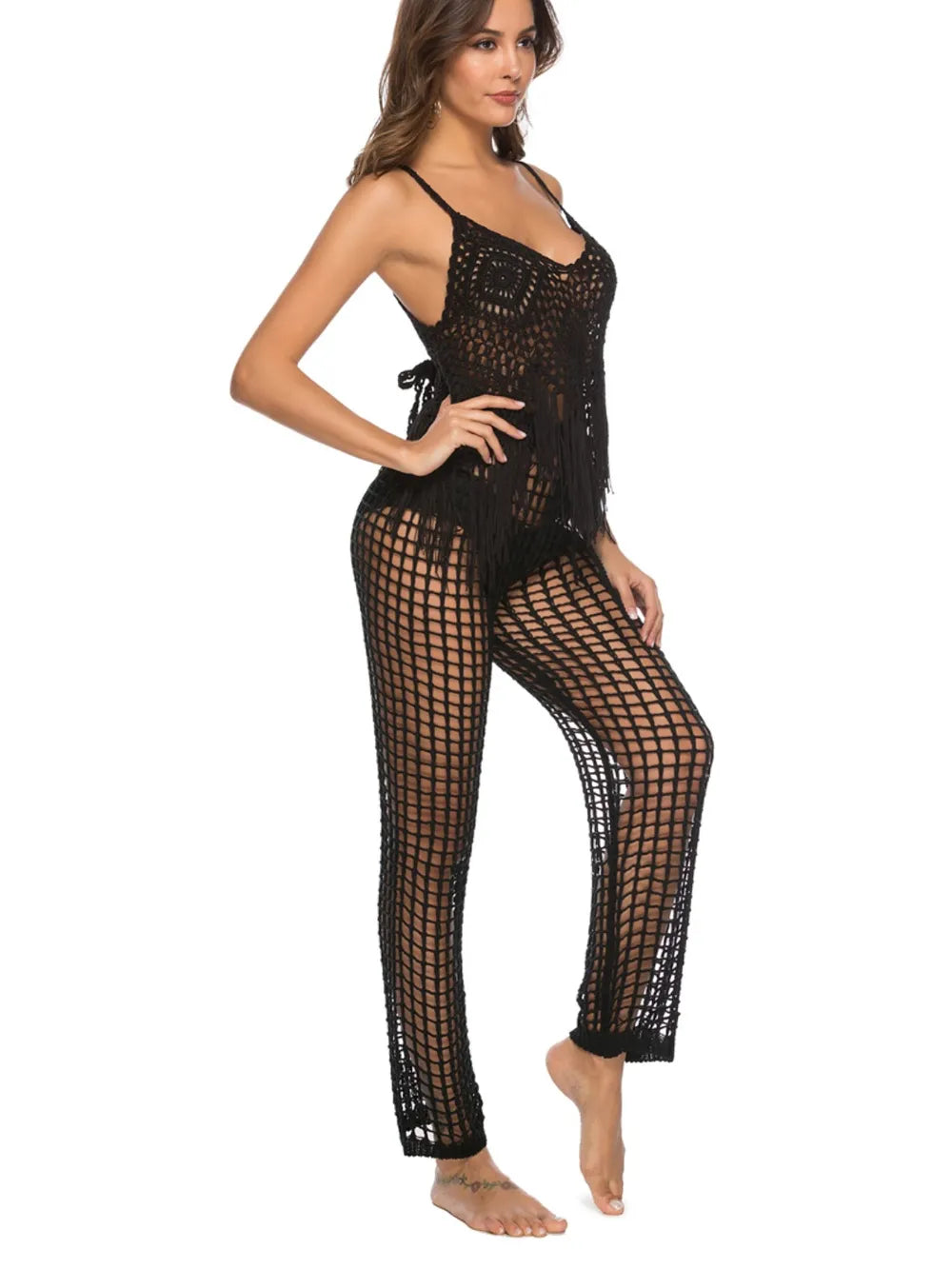 High‑waist cutout swim cover‑up pants with tie‑up closure in a solid color, displayed on a plain background.