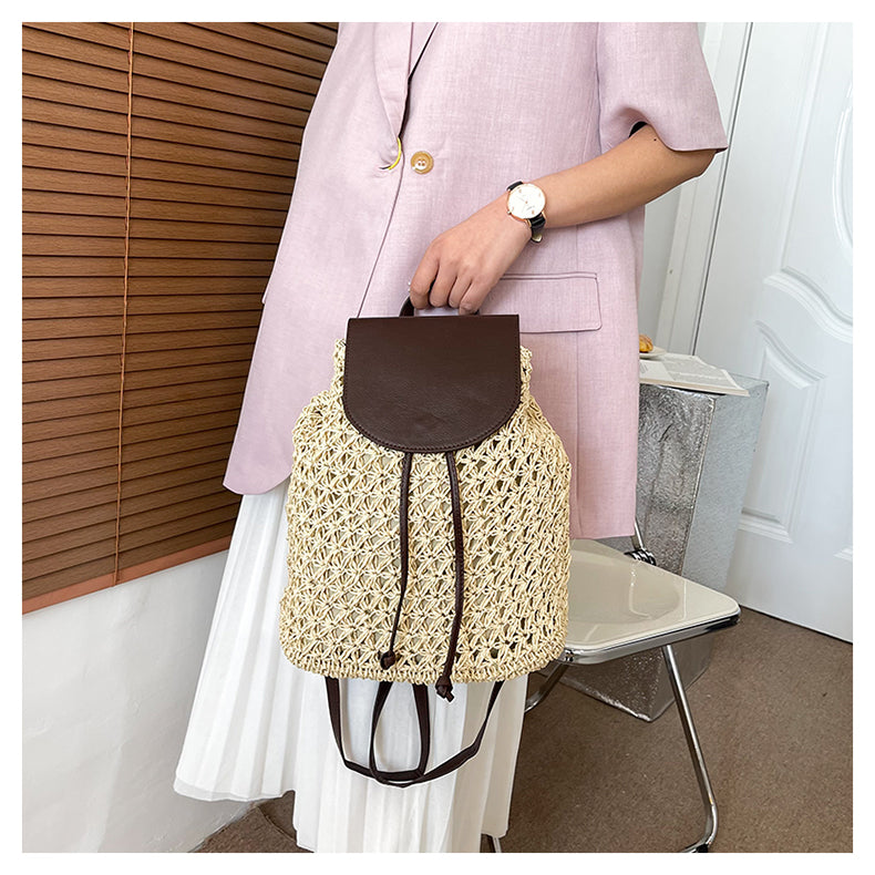Person wearing a brown woven backpack in a kitchen setting sold at PeachyBeanz