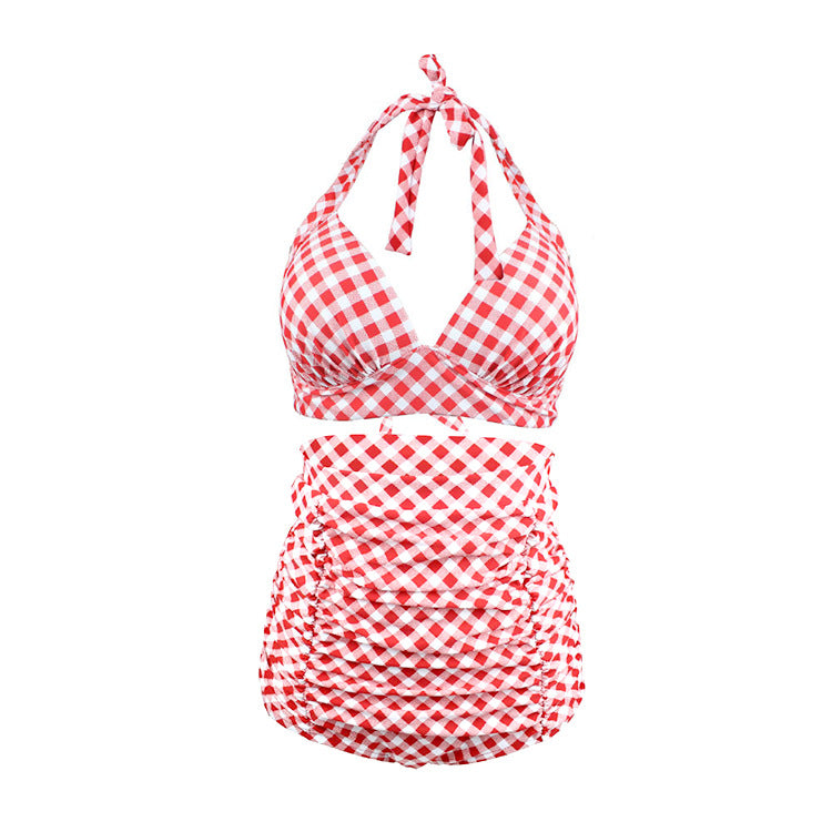 Sleek two‑piece swimsuit features a bold printed halter top and high‑waisted briefs, crafted from 82% nylon with a smooth, elastic feel and polyester lining for comfort and durability.