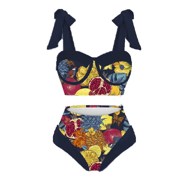 Bikini set with floral and fruit pattern on a white background