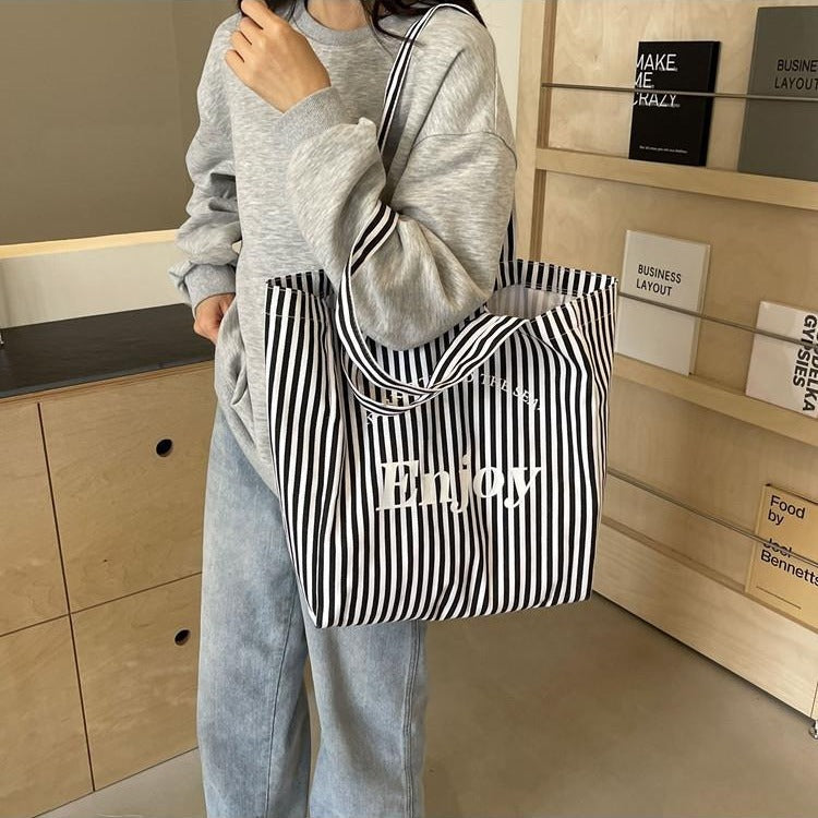 Women's Colorful Red Stripe Canvas Tote Bag Large Capacity Shoulder Tote Handbag