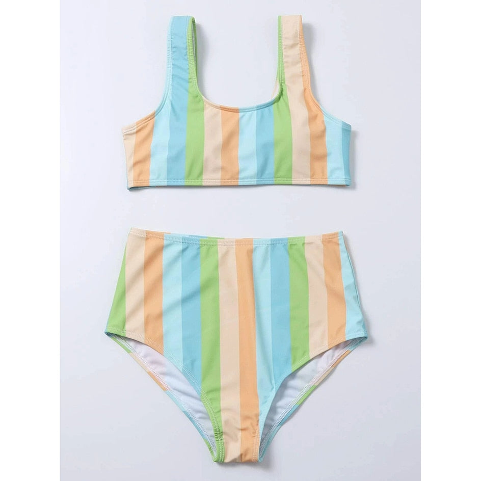 Amazing High Waisted Striped Push Up Bikini Set Swimsuits