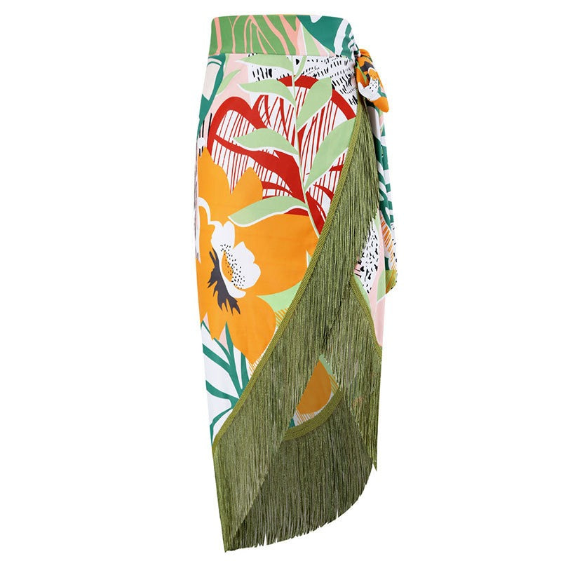 Tropical print fabric wrap bikini cover-up skirt.