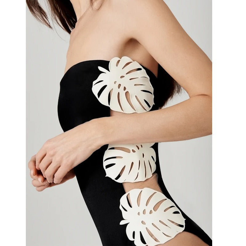 Flirty Black and White Strapless Leaf Patchwork Swimsuit Set