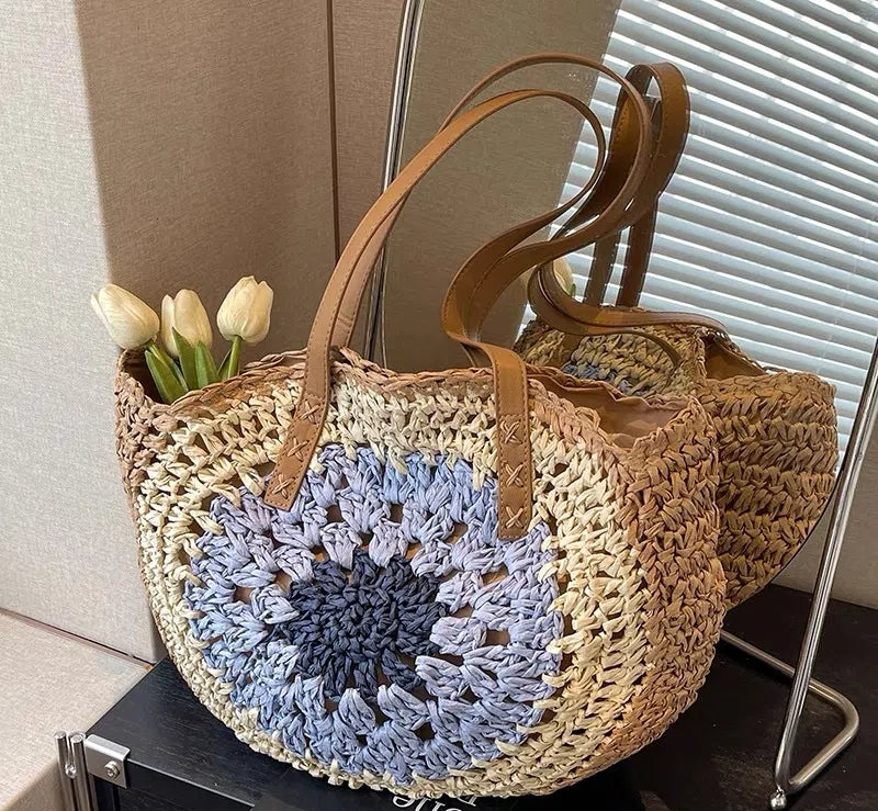 Women's Round Rope Hollow Beige Woven Casual Beach Shoulder Fashionable Bag