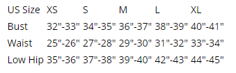 Size chart for clothing with US size labels and corresponding measurements.