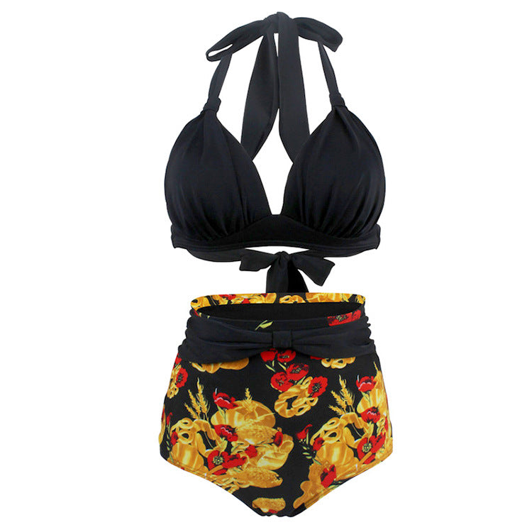 Woman wearing a black halter bikini top and high‑waisted floral bottoms.