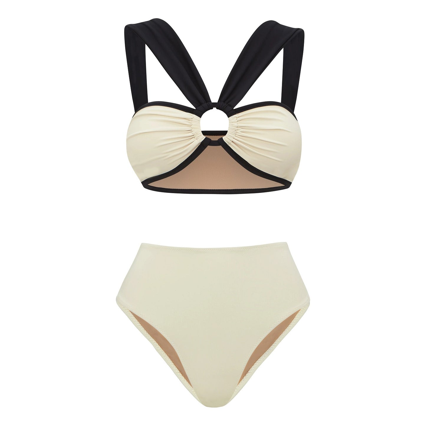 Modern black and white split bikini set featuring a high‑waisted bottom and matching top.