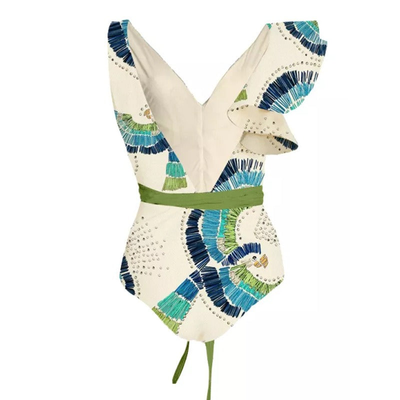 Green Crushed Flowers two‑piece swimsuit set with high‑elastic breathable fabric.