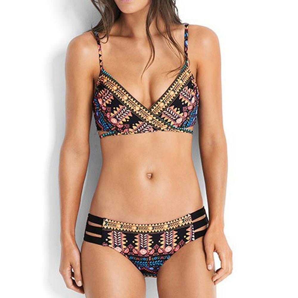 Front view of multicolor bohemian push‑up bikinis set on model showing adjustable spaghetti straps and removable chest pads.