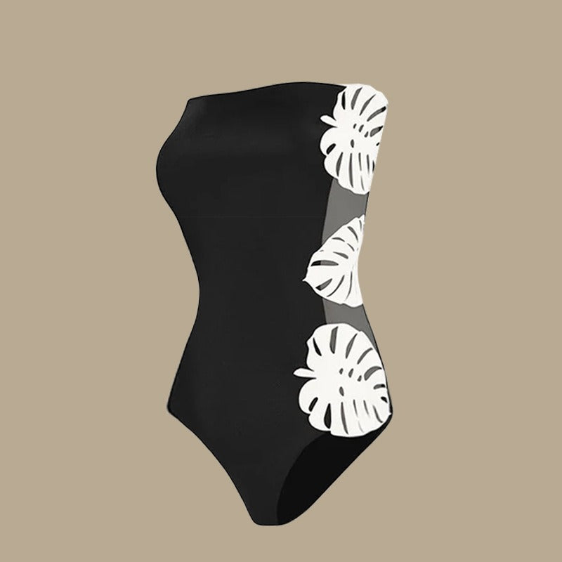 Flirty Black and White Strapless Leaf Patchwork Swimsuit Set