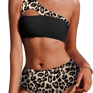 Black leopard stripes, single-shoulder top and high-rise bottom in polyester.