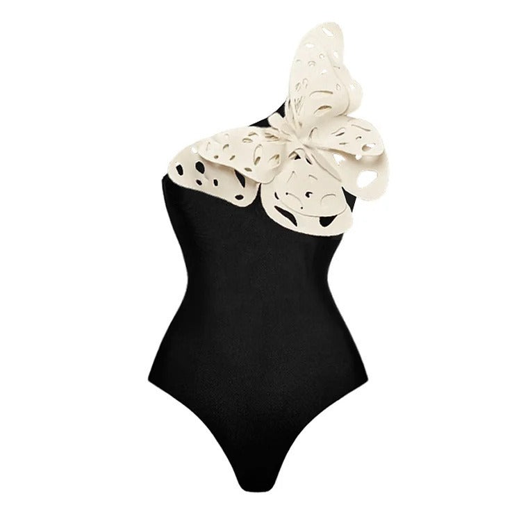 Black one-shoulder swimsuit on a white background