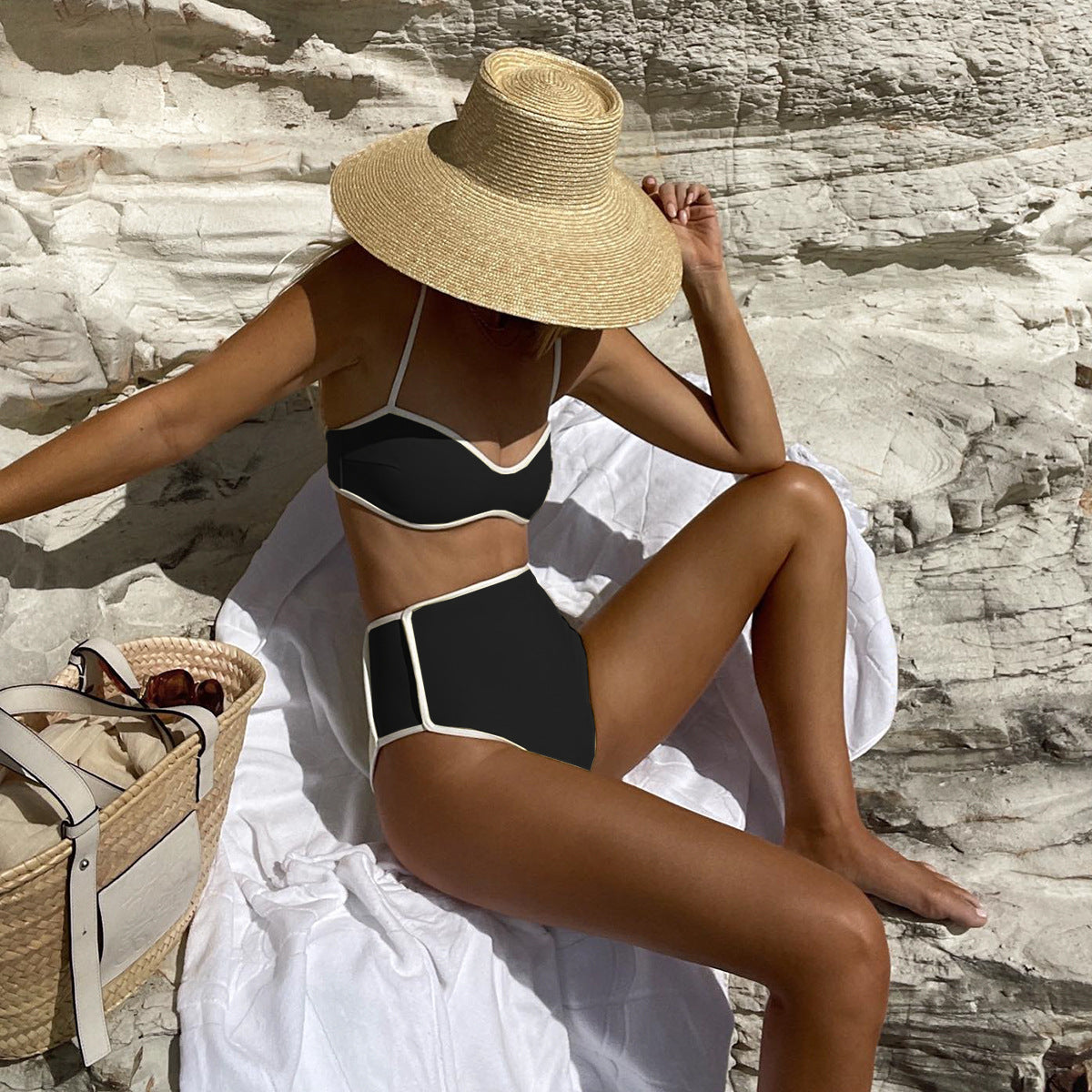 Black and white bikini with tube top and matching bottom 