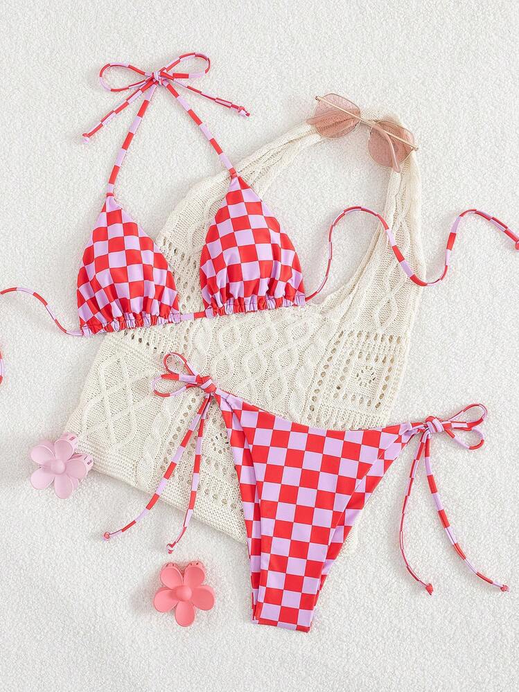 Checkered Lace-up Split Bikini swimsuit