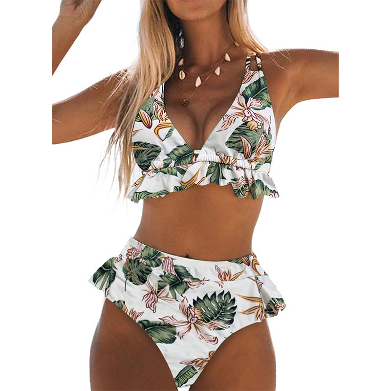 Women wearing a tropical two-piece high-waist bikini 