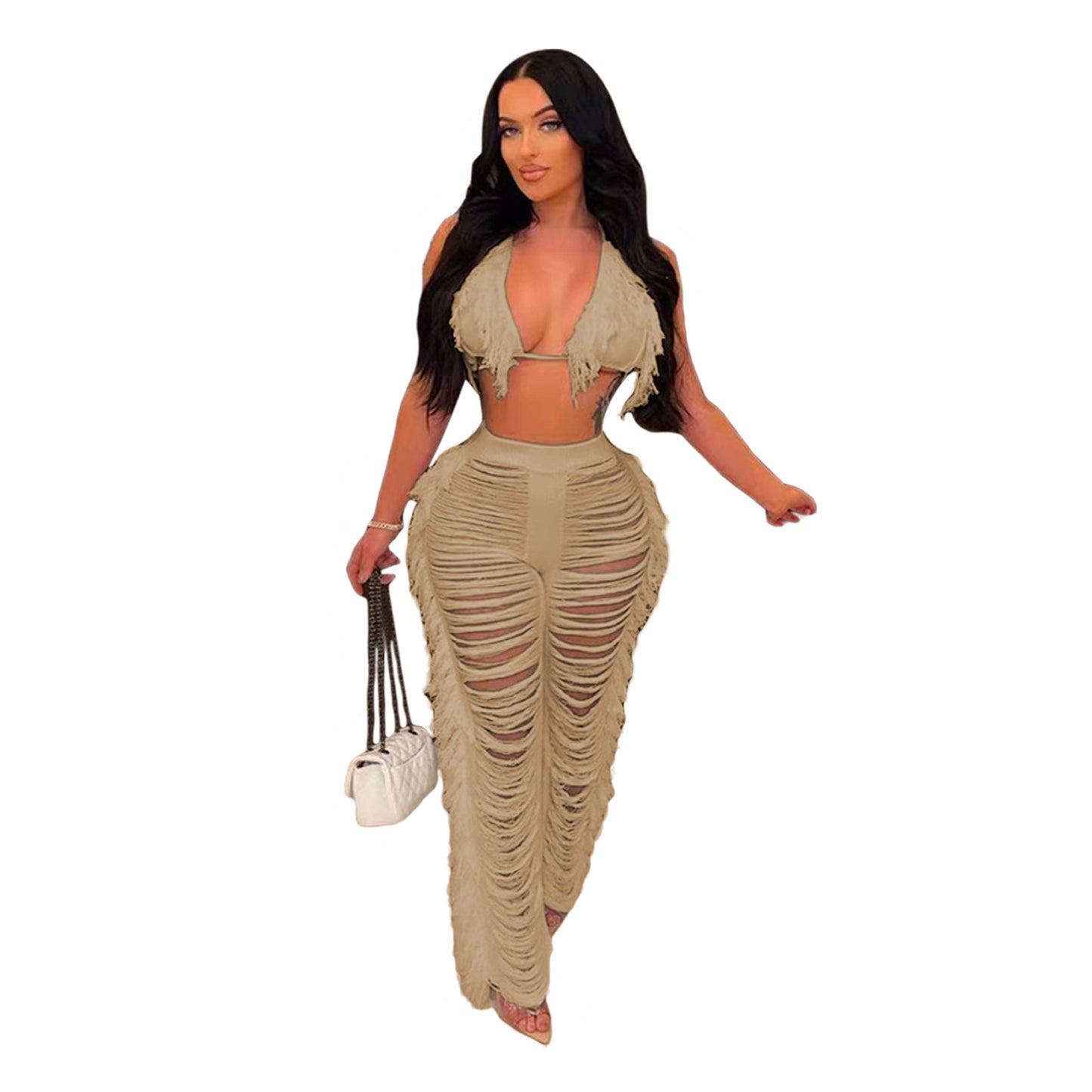 Frilly Knit Fringe Beach Cover-up Set