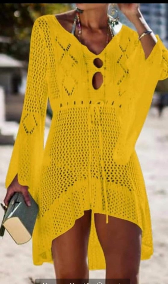 Lightweight flared beach cover shirt featuring a hollow cutout design, loose sleeves, and a breezy, flowy silhouette.