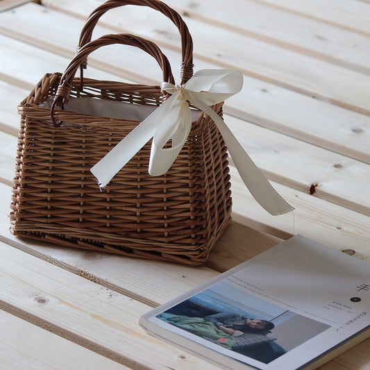 Women's Ribbons Bow Tie Top-Handle Wicker Bag