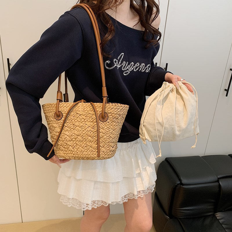 Woven handbag in an office sold at PeachyBeanz