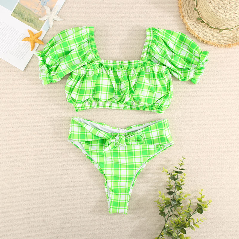 2 Piece Plaid Bikini Short Sleeve and High Waist