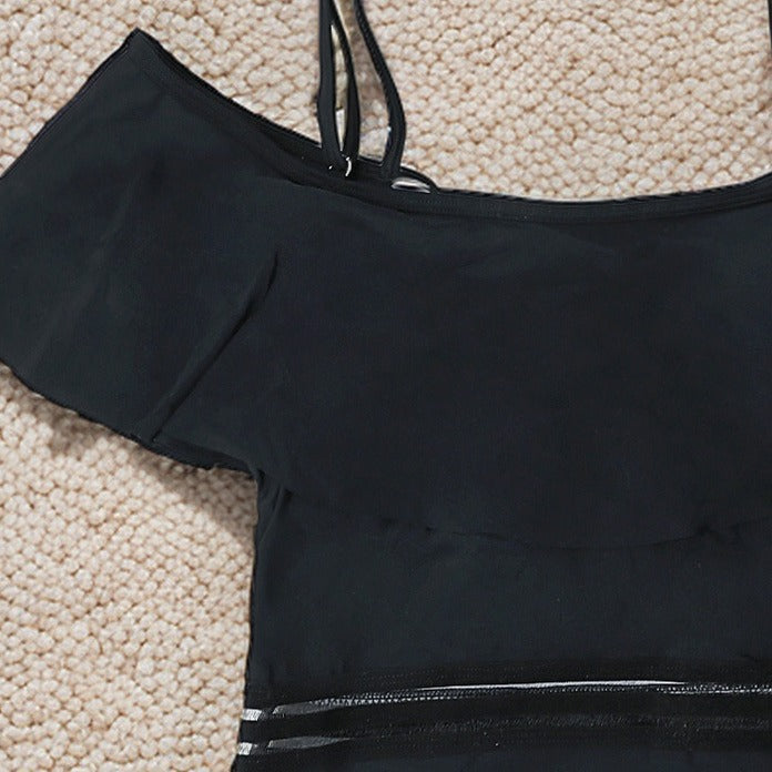 Off‑the‑shoulder one‑piece swimsuit with ruched bodice and short sleeves